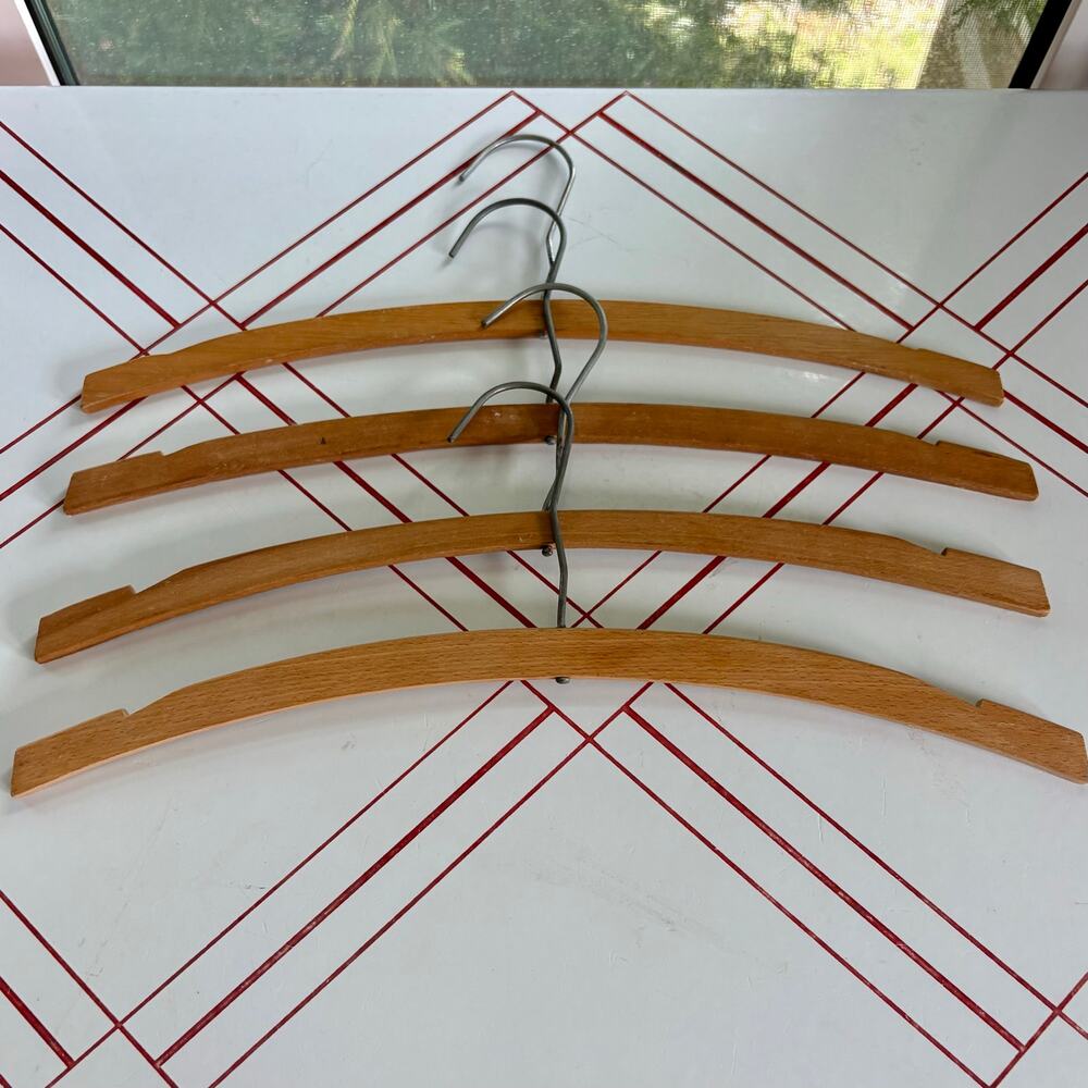 Vintage Set of 4 Curved Wooden Clothes Hangers Mid Century